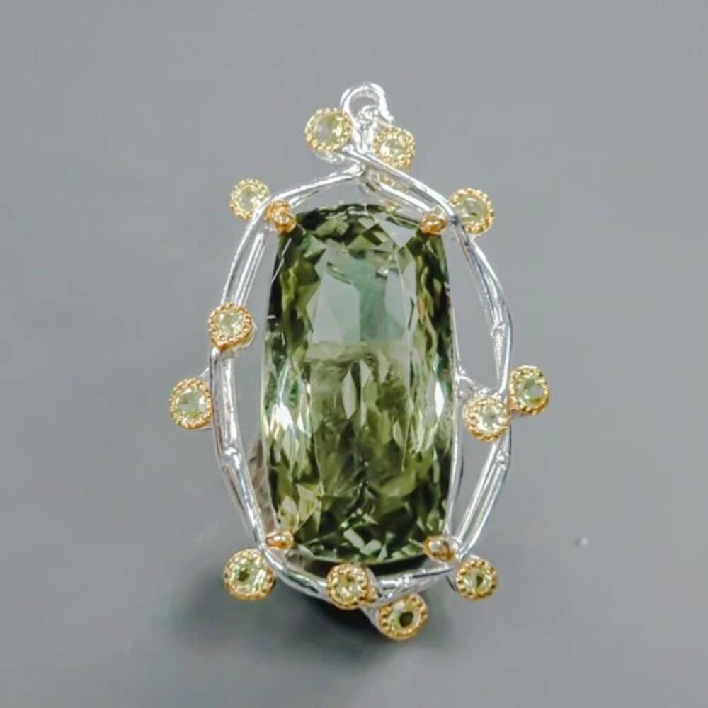 Pendant Natural 33CT Green Amethyst with Peridot accents 925 - Spiritual!